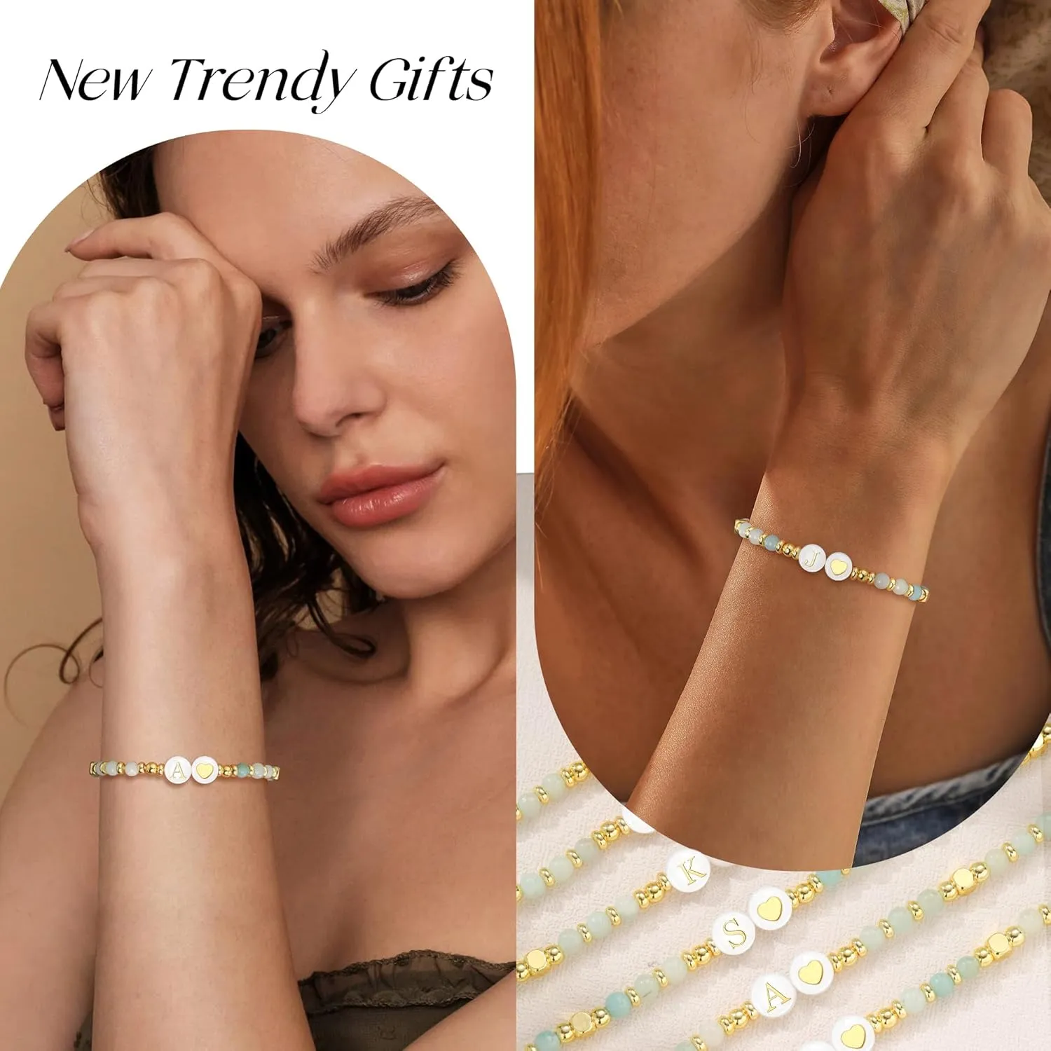 Initial Bracelet for Women, Gold Beaded Bracelets with Initial Womens Gifts for Christmas Trendy Stuff Stocking Stuffers for Teens Gemstone Initial Bracelet Christmas Gifts for Her Adjustable Link Letter A-Z Anniversary Jewelry