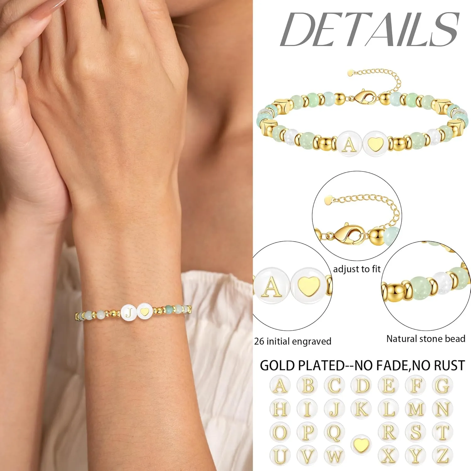 Initial Bracelet for Women, Gold Beaded Bracelets with Initial Womens Gifts for Christmas Trendy Stuff Stocking Stuffers for Teens Gemstone Initial Bracelet Christmas Gifts for Her Adjustable Link Letter A-Z Anniversary Jewelry