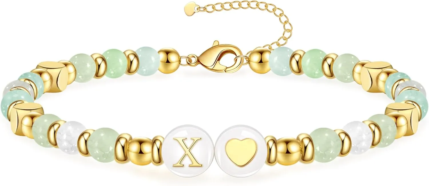 Initial Bracelet for Women, Gold Beaded Bracelets with Initial Womens Gifts for Christmas Trendy Stuff Stocking Stuffers for Teens Gemstone Initial Bracelet Christmas Gifts for Her Adjustable Link Letter A-Z Anniversary Jewelry