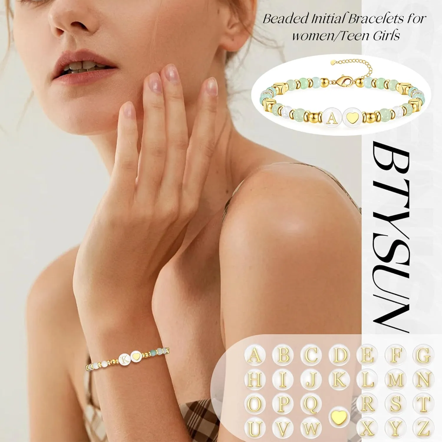Initial Bracelet for Women, Gold Beaded Bracelets with Initial Womens Gifts for Christmas Trendy Stuff Stocking Stuffers for Teens Gemstone Initial Bracelet Christmas Gifts for Her Adjustable Link Letter A-Z Anniversary Jewelry