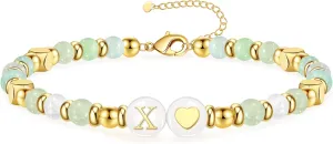 Initial Bracelet for Women, Gold Beaded Bracelets with Initial Womens Gifts for Christmas Trendy Stuff Stocking Stuffers for Teens Gemstone Initial Bracelet Christmas Gifts for Her Adjustable Link Letter A-Z Anniversary Jewelry