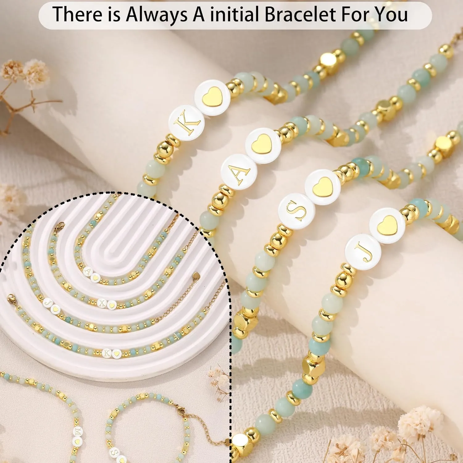 Initial Bracelet for Women, Gold Beaded Bracelets with Initial Womens Gifts for Christmas Trendy Stuff Stocking Stuffers for Teens Gemstone Initial Bracelet Christmas Gifts for Her Adjustable Link Letter A-Z Anniversary Jewelry