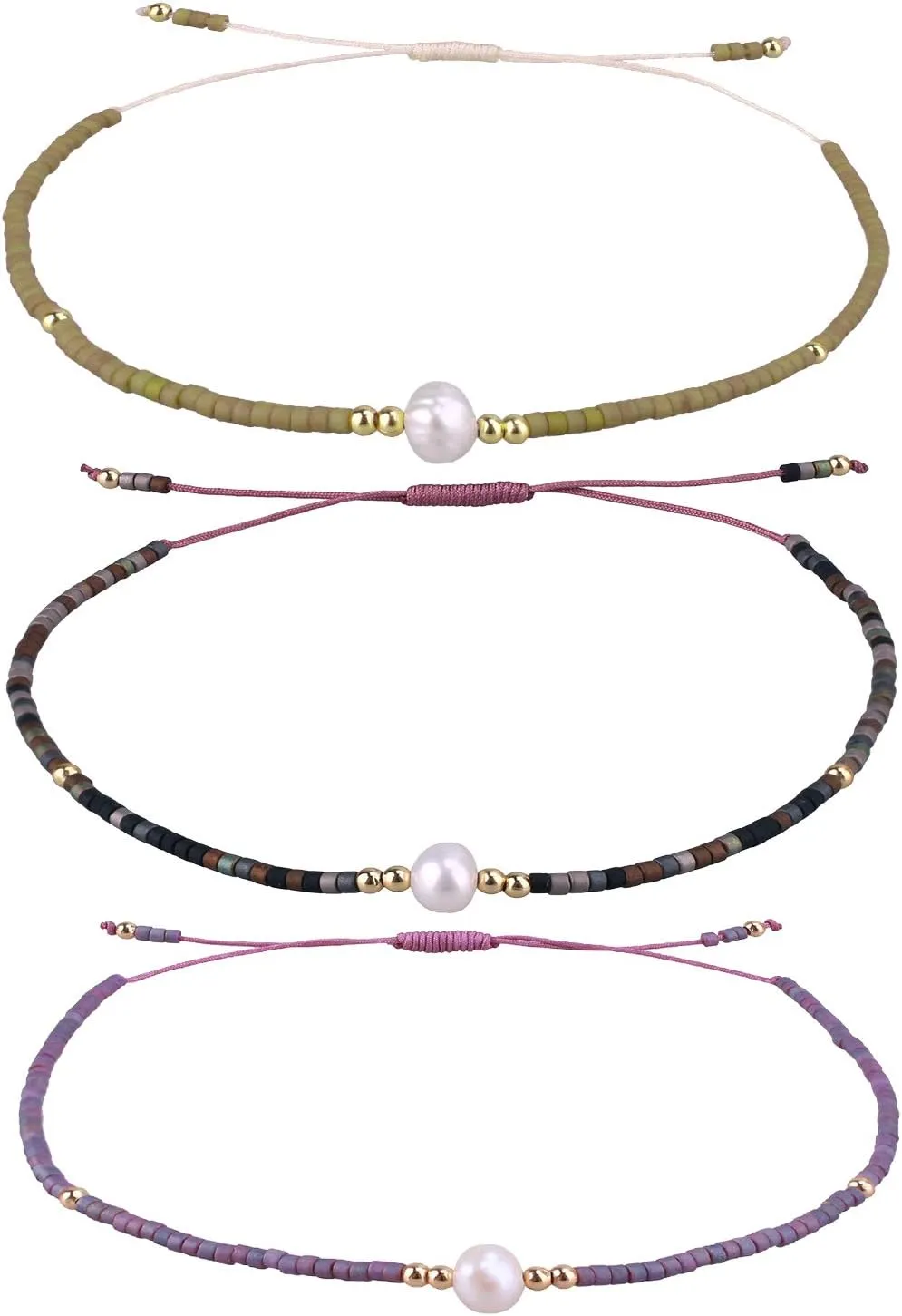 KELITCH 3 PCS Natural Pearls Bracelets Women Strand Thin Rope Friendship Bracelets Handmade Stack Charm Bracelets