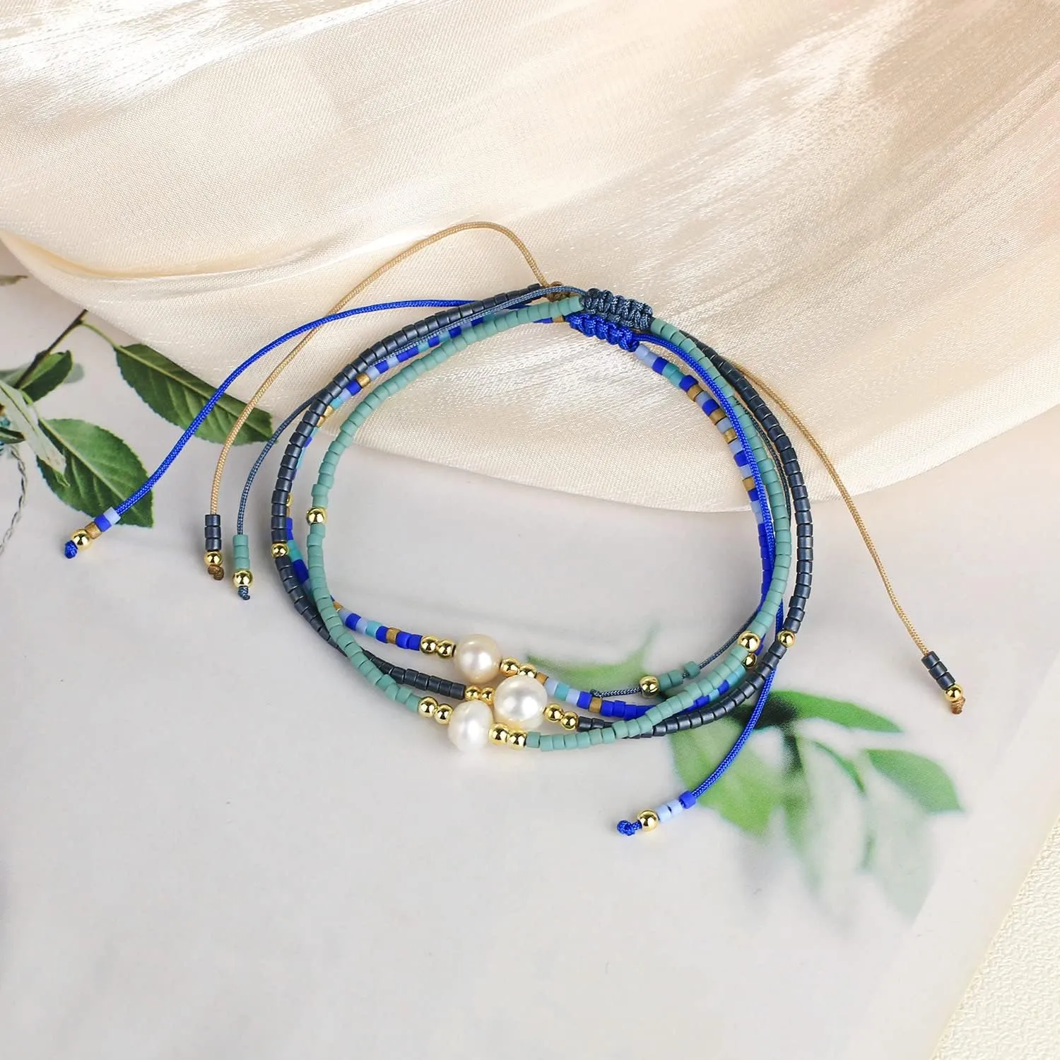 KELITCH 3 PCS Natural Pearls Bracelets Women Strand Thin Rope Friendship Bracelets Handmade Stack Charm Bracelets
