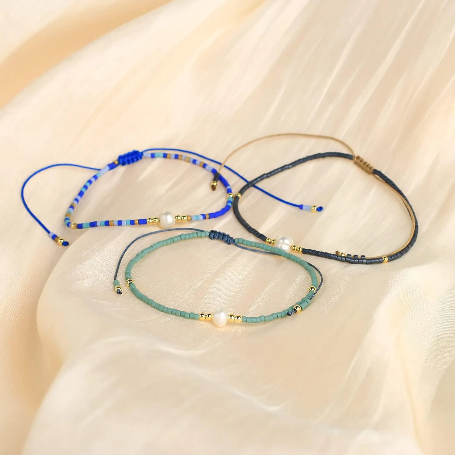 KELITCH 3 PCS Natural Pearls Bracelets Women Strand Thin Rope Friendship Bracelets Handmade Stack Charm Bracelets
