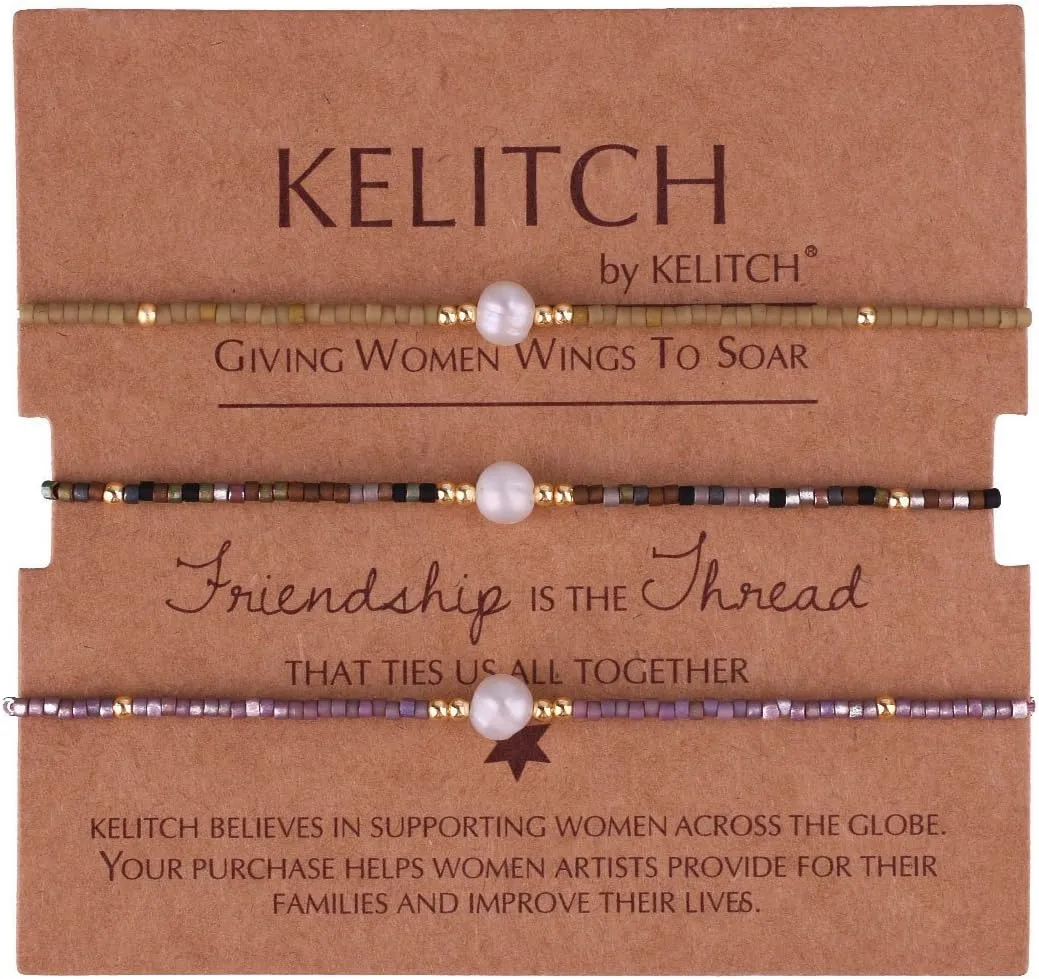 KELITCH 3 PCS Natural Pearls Bracelets Women Strand Thin Rope Friendship Bracelets Handmade Stack Charm Bracelets