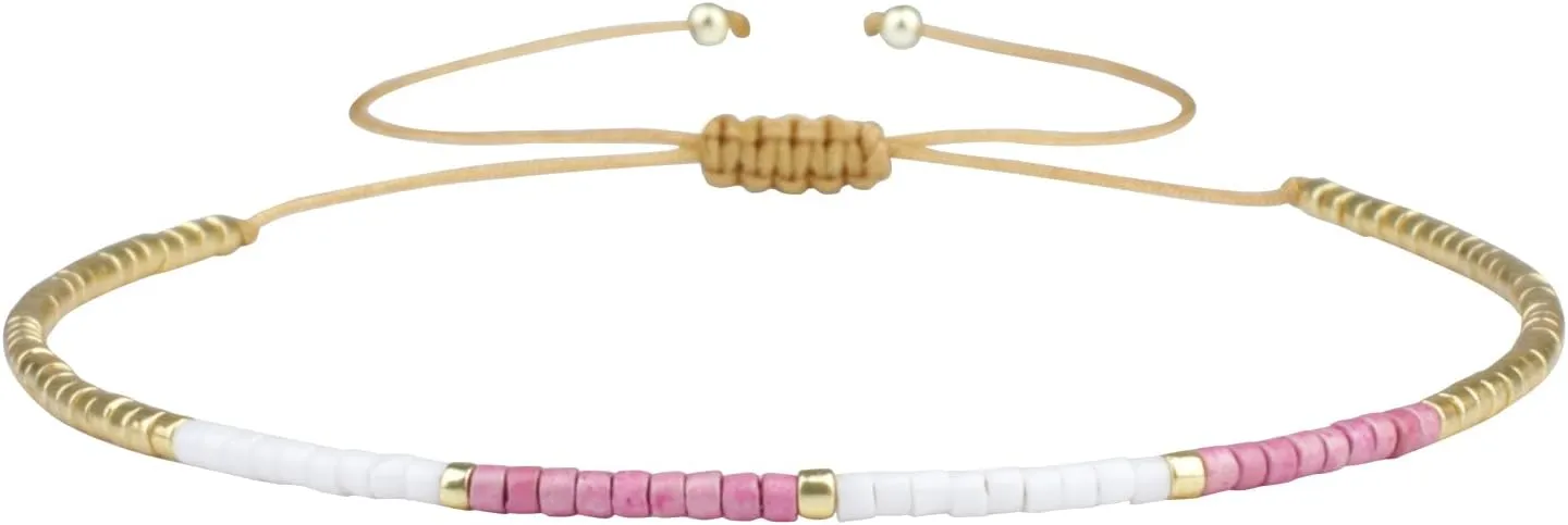 KELITCH Miyuki Bead Bracelets Mix Color Rope Strand Bracelets Handmade Tiny Bracelets for Women (White Rose 24G)
