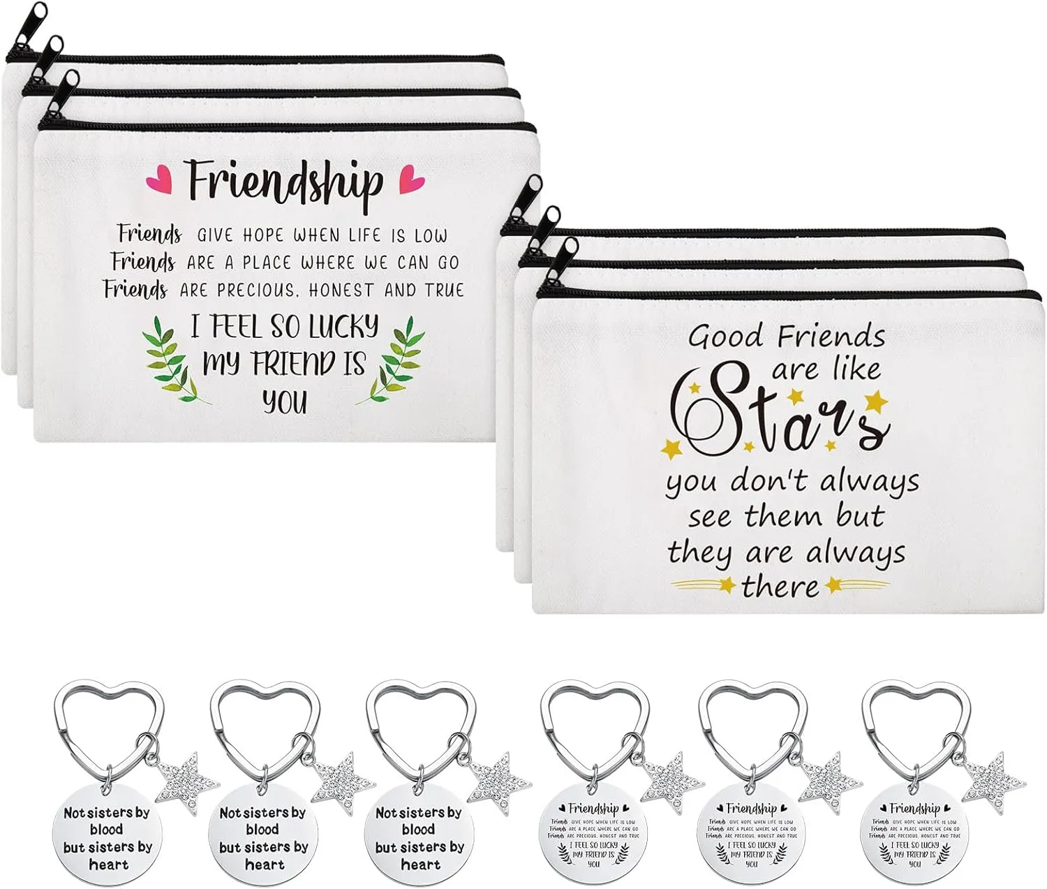 Kenning 12 Pcs Friend Gifts for Women 6 Pcs Friendship Makeup Bag Cosmetic Bags Portable Pouch 6 Pcs Best Friend Keychain for Friendship Birthday Gift