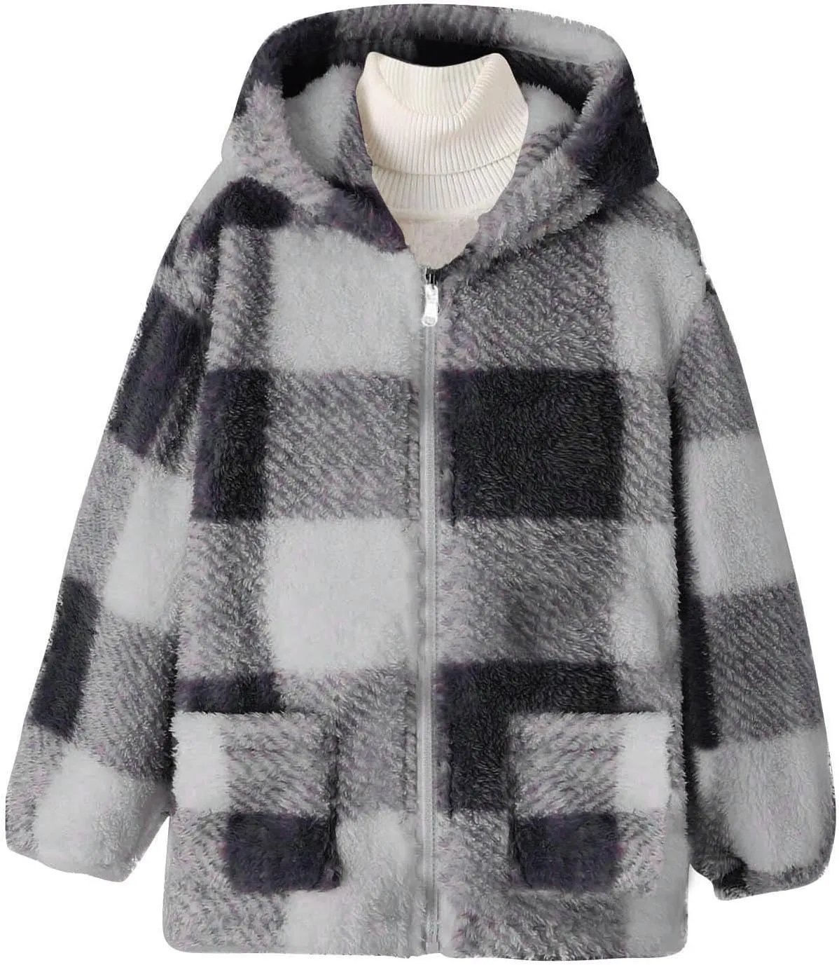 Kids Winter Warm Plush Coat Trendy Plaid Jackets Zip Up Hoodie Boy Girls' Clothing Fleece Hooded Outwear