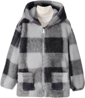 Kids Winter Warm Plush Coat Trendy Plaid Jackets Zip Up Hoodie Boy Girls' Clothing Fleece Hooded Outwear
