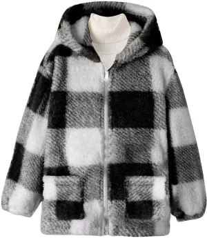 Kids Winter Warm Plush Coat Trendy Plaid Jackets Zip Up Hoodie Boy Girls' Clothing Fleece Hooded Outwear