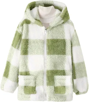 Kids Winter Warm Plush Coat Trendy Plaid Jackets Zip Up Hoodie Boy Girls' Clothing Fleece Hooded Outwear