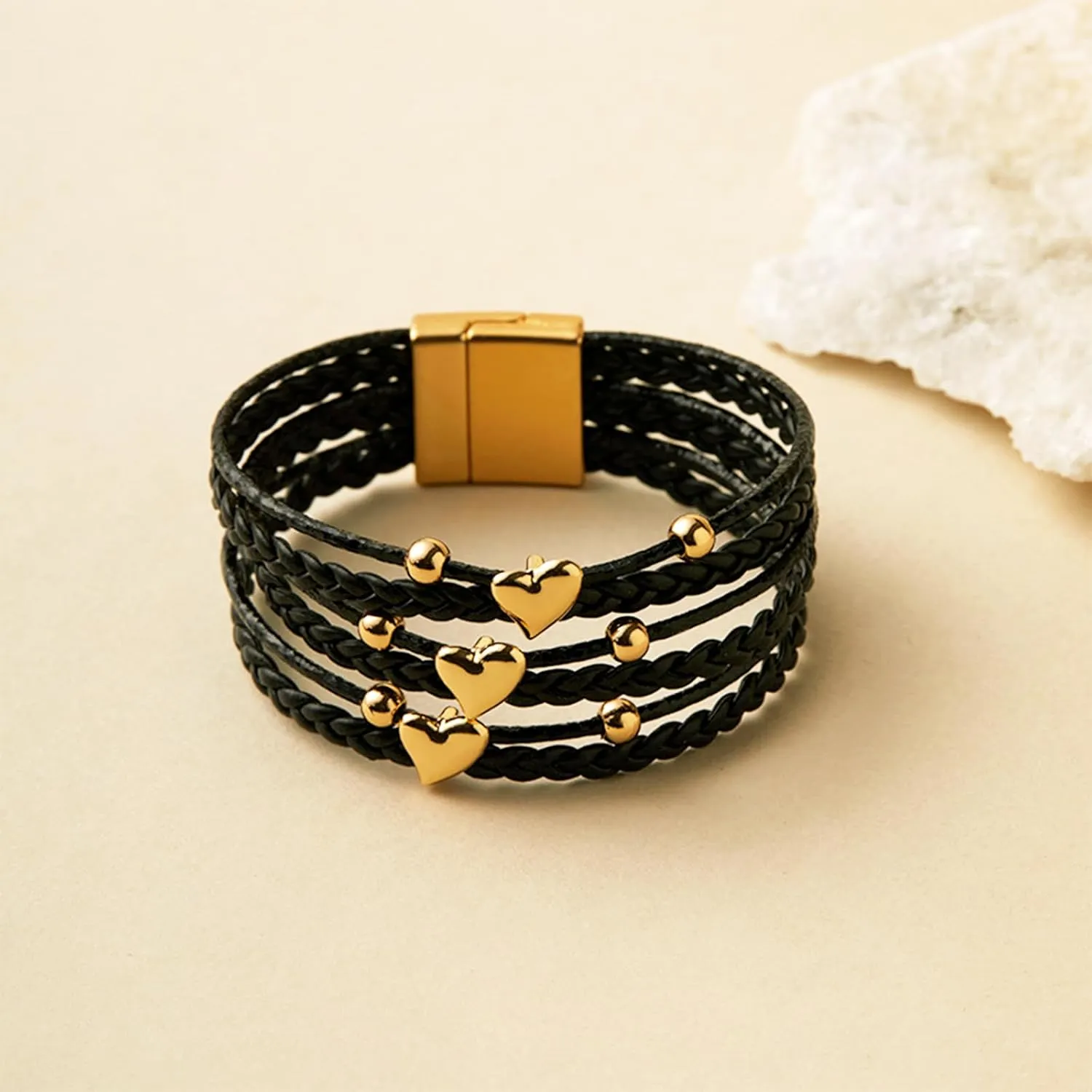 KOLODOGO Boho Leather Cuff Bracelets for Women Gold Bead Bracelets Stackable Clasp Bracelets for Women as Jewelry Gift