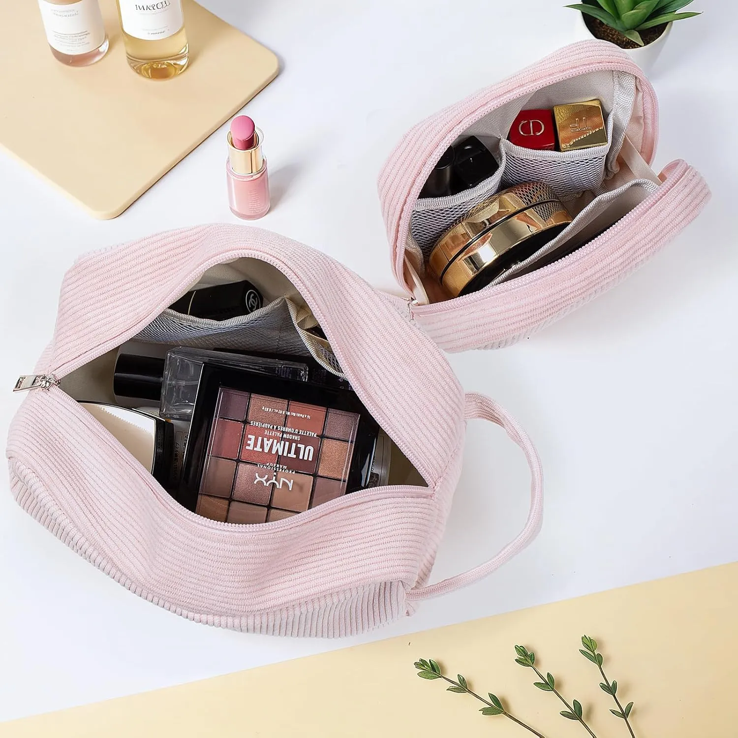 KOTORA 2 Pcs Corduroy Makeup Bag for Purse, Makeup Bag Zipper Pouch Travel Accessories,Small Aesthetic MakeUp Organizer Bag, Coin Purse Travel Toiletry Small Makeup Pouch For Women (F-Pink)