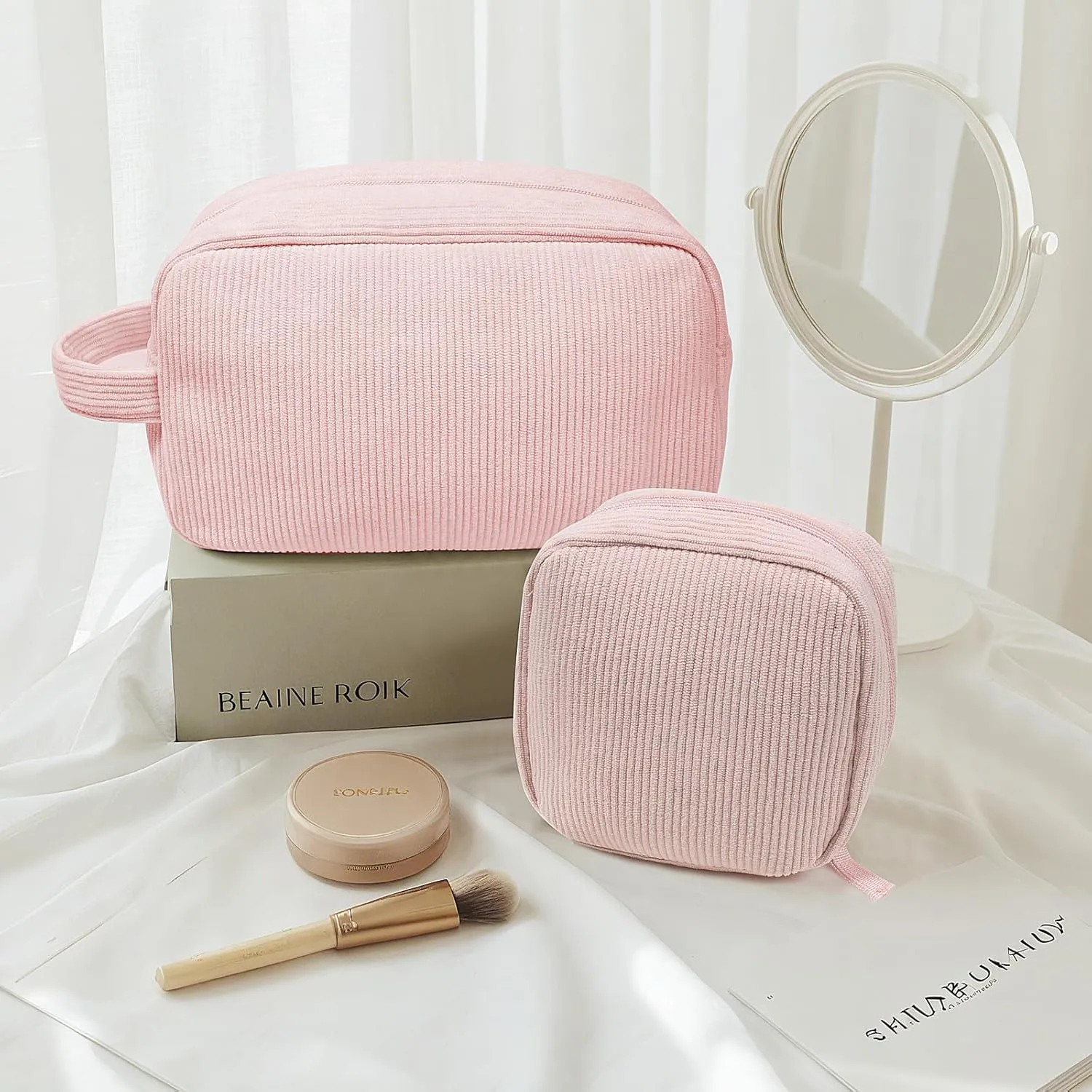KOTORA 2 Pcs Corduroy Makeup Bag for Purse, Makeup Bag Zipper Pouch Travel Accessories,Small Aesthetic MakeUp Organizer Bag, Coin Purse Travel Toiletry Small Makeup Pouch For Women (F-Pink)