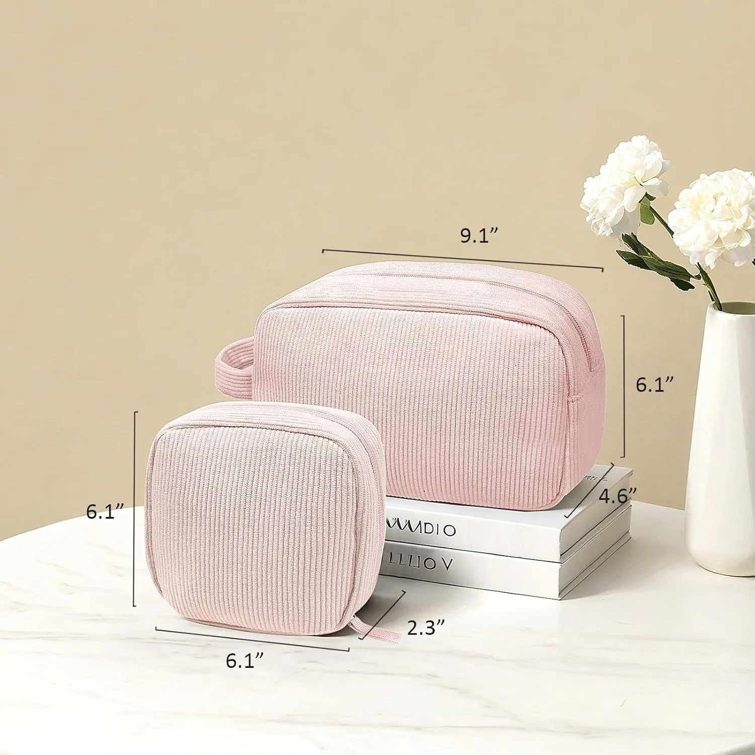 KOTORA 2 Pcs Corduroy Makeup Bag for Purse, Makeup Bag Zipper Pouch Travel Accessories,Small Aesthetic MakeUp Organizer Bag, Coin Purse Travel Toiletry Small Makeup Pouch For Women (F-Pink)