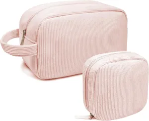 KOTORA 2 Pcs Corduroy Makeup Bag for Purse, Makeup Bag Zipper Pouch Travel Accessories,Small Aesthetic MakeUp Organizer Bag, Coin Purse Travel Toiletry Small Makeup Pouch For Women (F-Pink)