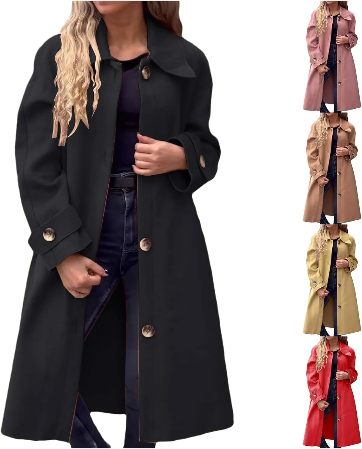 Kubbon Women's Wool Blend Trench Coat Single Breasted mid Length Pea Coat Casual Long Sleeve Notch Lapel Overcoat with Pocket