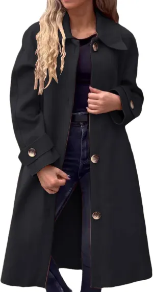 Kubbon Women's Wool Blend Trench Coat Single Breasted mid Length Pea Coat Casual Long Sleeve Notch Lapel Overcoat with Pocket