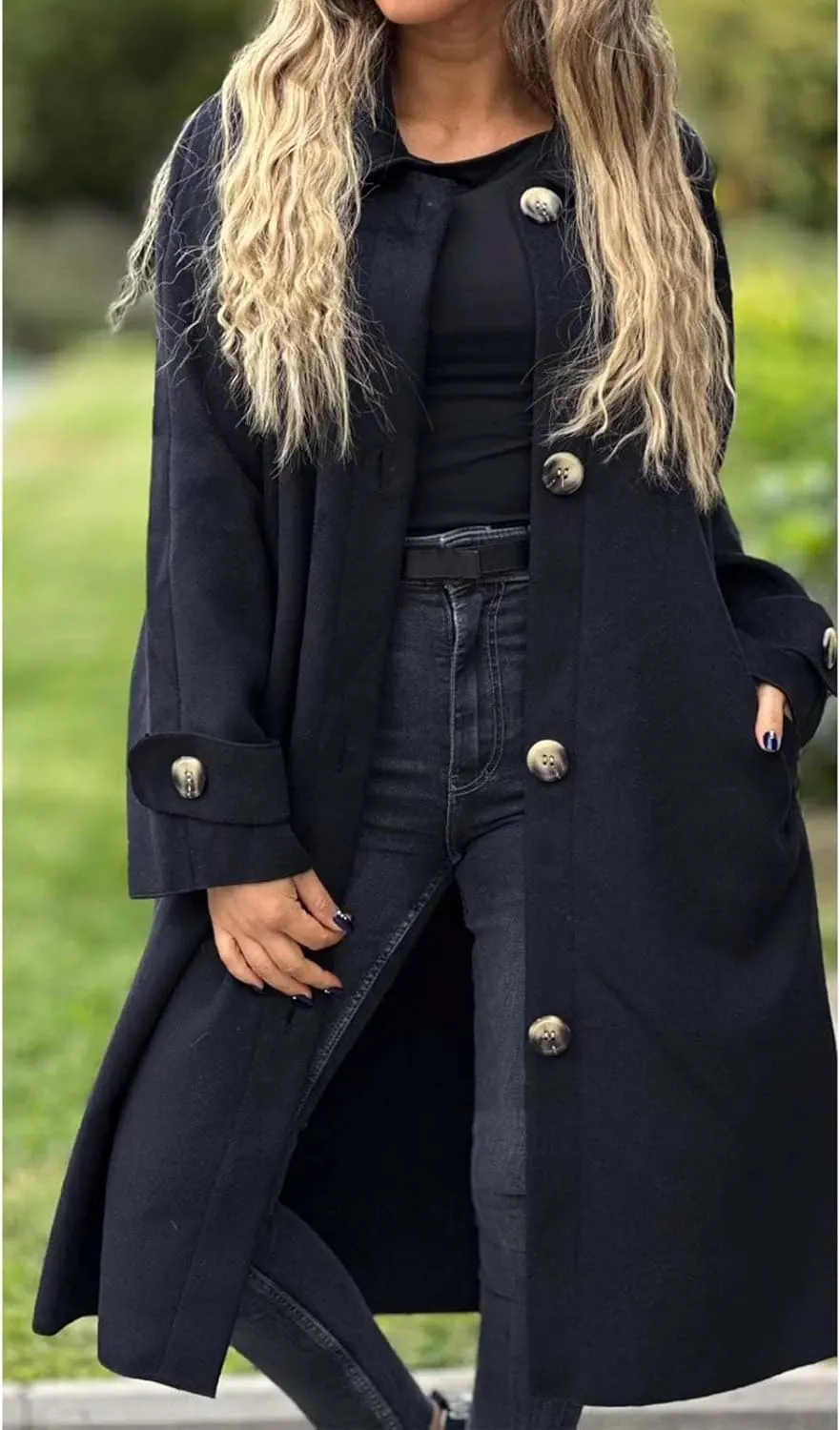 Kubbon Women's Wool Blend Trench Coat Single Breasted mid Length Pea Coat Casual Long Sleeve Notch Lapel Overcoat with Pocket