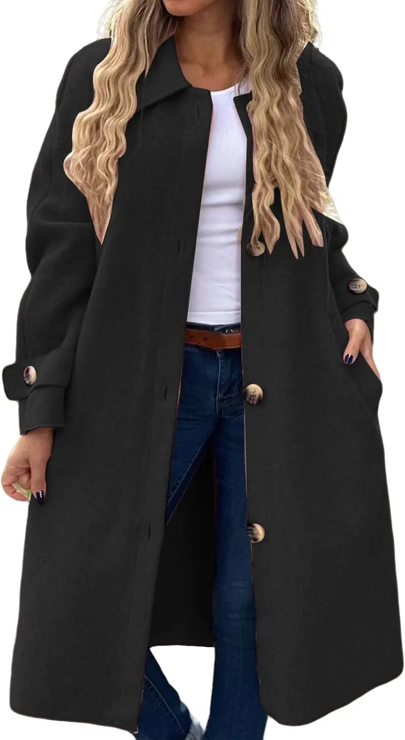 Kubbon Women's Wool Blend Trench Coat Single Breasted mid Length Pea Coat Casual Long Sleeve Notch Lapel Overcoat with Pocket