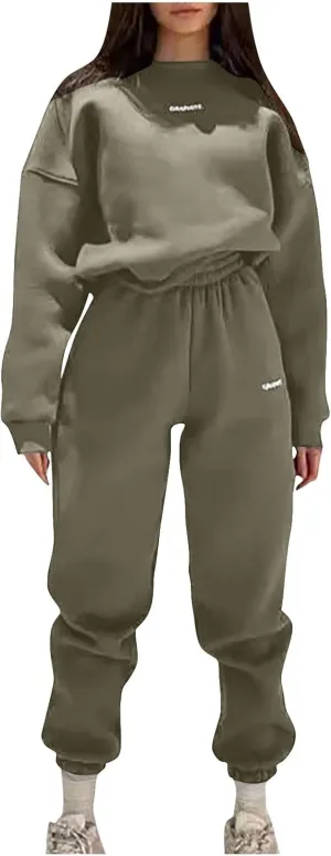 Lastesso Sweatsuits Women 2 Piece Outfit Plus Size Lounge Tracksuits Crew Neck Letter Sweatshirt Matching Active Pants