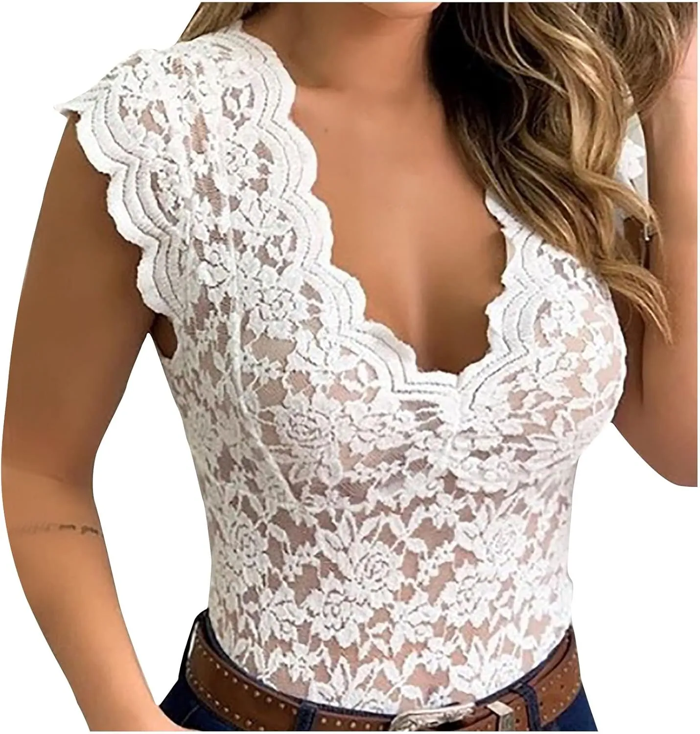 Lastesso Tank Tops Women Trendy Lace Sexy Summer Tops Deep V Neck Sleeveless Slim Fitted Tanks Fashion Going Out Clothes