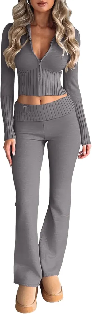 LILLUSORY 2 Piece Knit Sets Women's Trendy Slim Fit Hooded Sweatsuit Sets