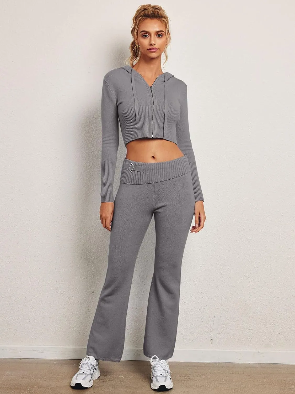 LILLUSORY 2 Piece Knit Sets Women's Trendy Slim Fit Hooded Sweatsuit Sets