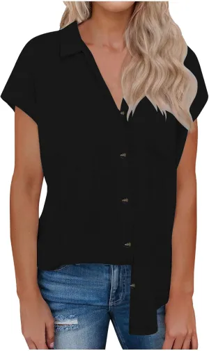 Linen Shirts for Women Button Down Short Sleeve Cotton Collared V Neck Work Business Casual Blouses with Pocket