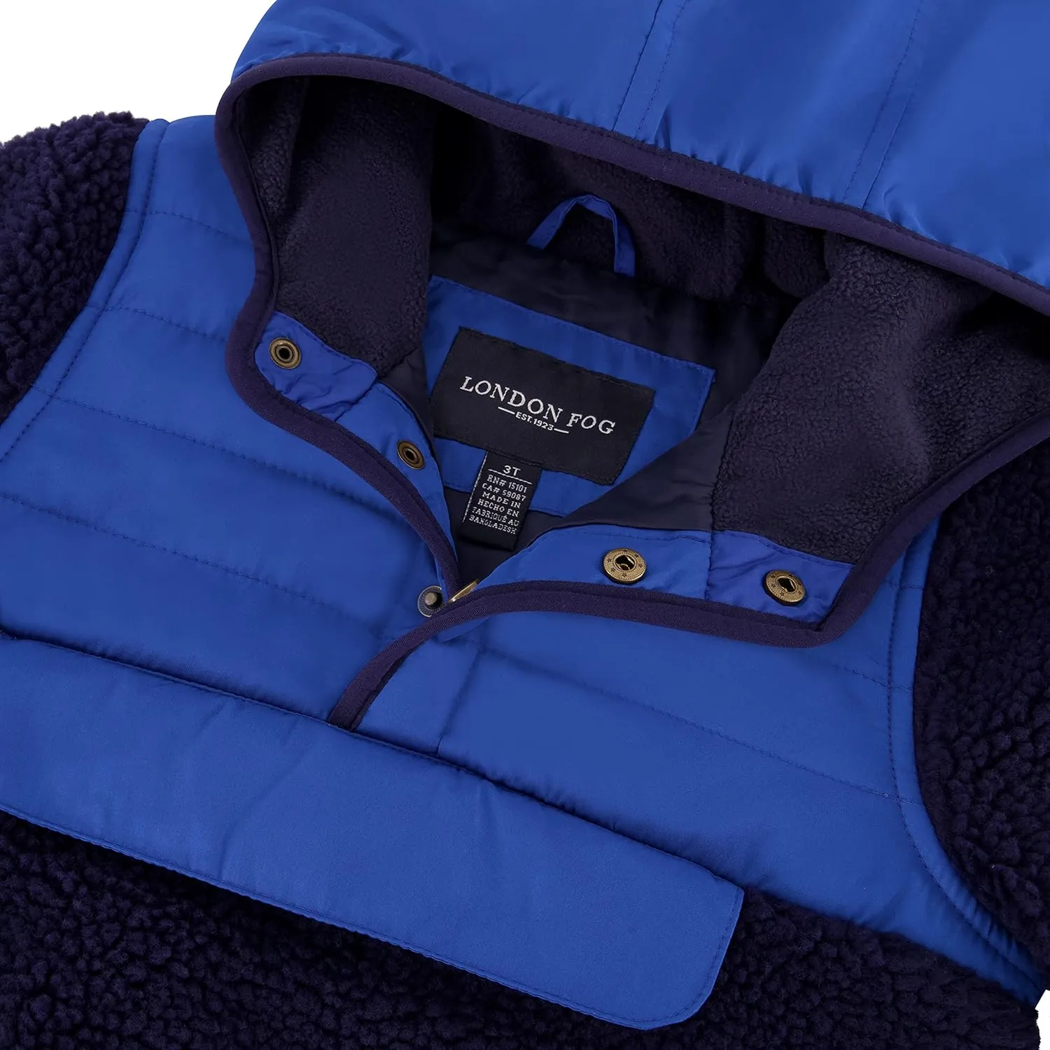 LONDON FOG Baby Boys Hooded Pull on Toddler Midweight Coat, Soft Fleece and Puffer Jacket