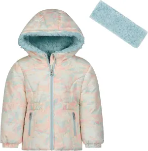 LONDON FOG Baby Girls' Hooded Winter Jacket, Aqua with Matching Sherpa Fleece Headband
