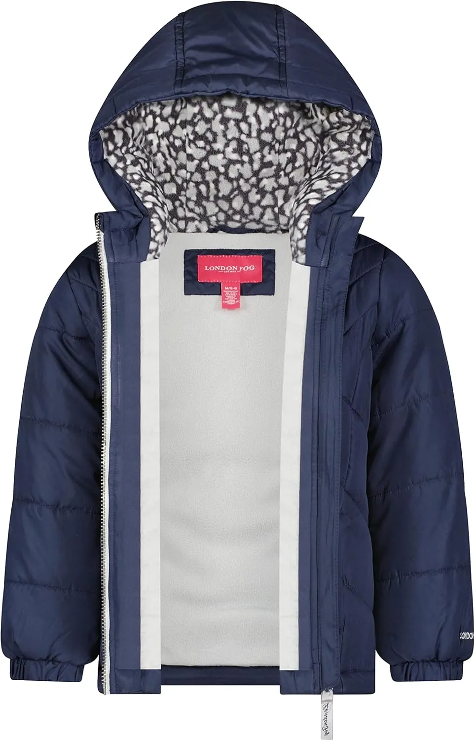 LONDON FOG Baby Girl's Puffer Winter Jacket Hood Lining & Matching Leopard Printed Beanie with Ear