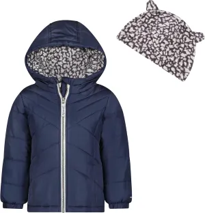 LONDON FOG Baby Girl's Puffer Winter Jacket Hood Lining & Matching Leopard Printed Beanie with Ear
