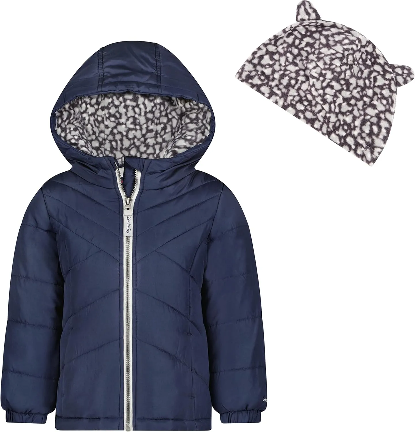 LONDON FOG Baby Girl's Puffer Winter Jacket Hood Lining & Matching Leopard Printed Beanie with Ear
