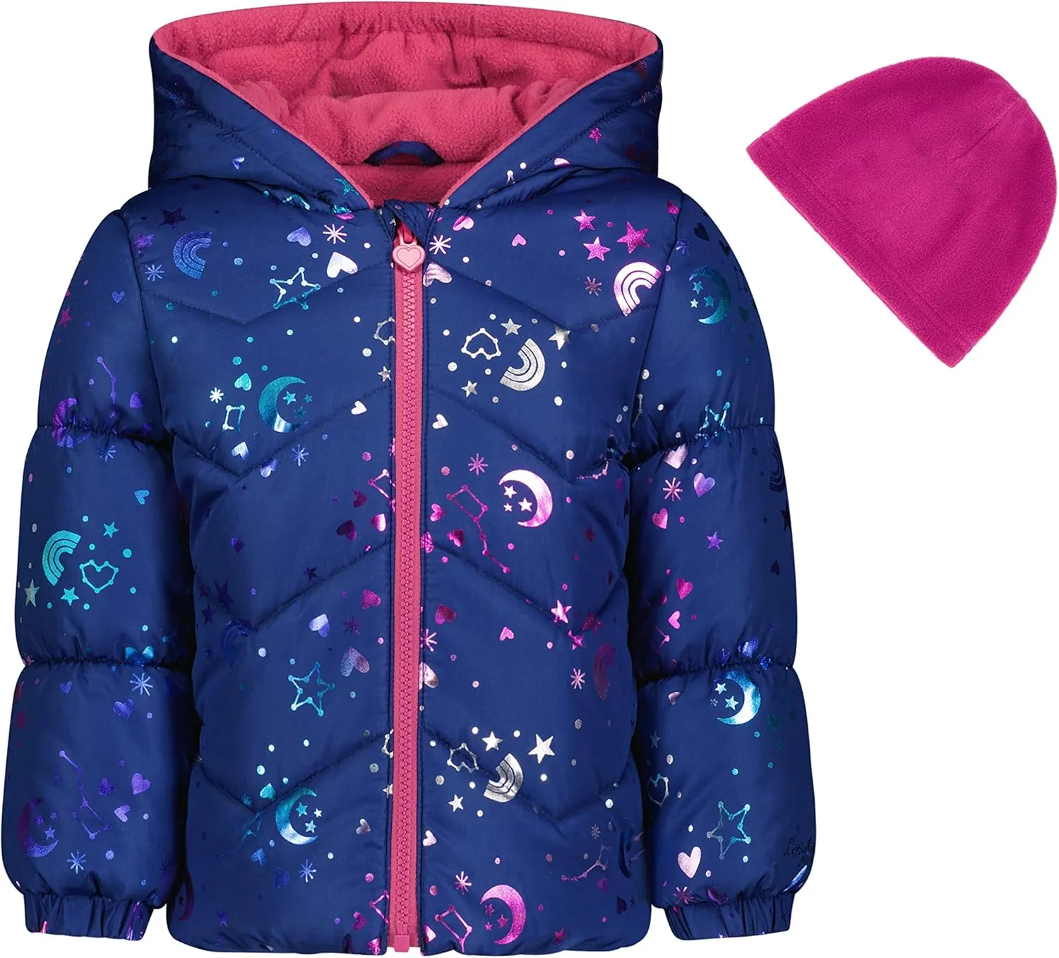 LONDON FOG Baby Girls' Toddler Quilted Puffer Winter Jacket with Fleece Hat