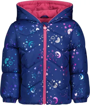 LONDON FOG Baby Girls' Toddler Quilted Puffer Winter Jacket with Fleece Hat