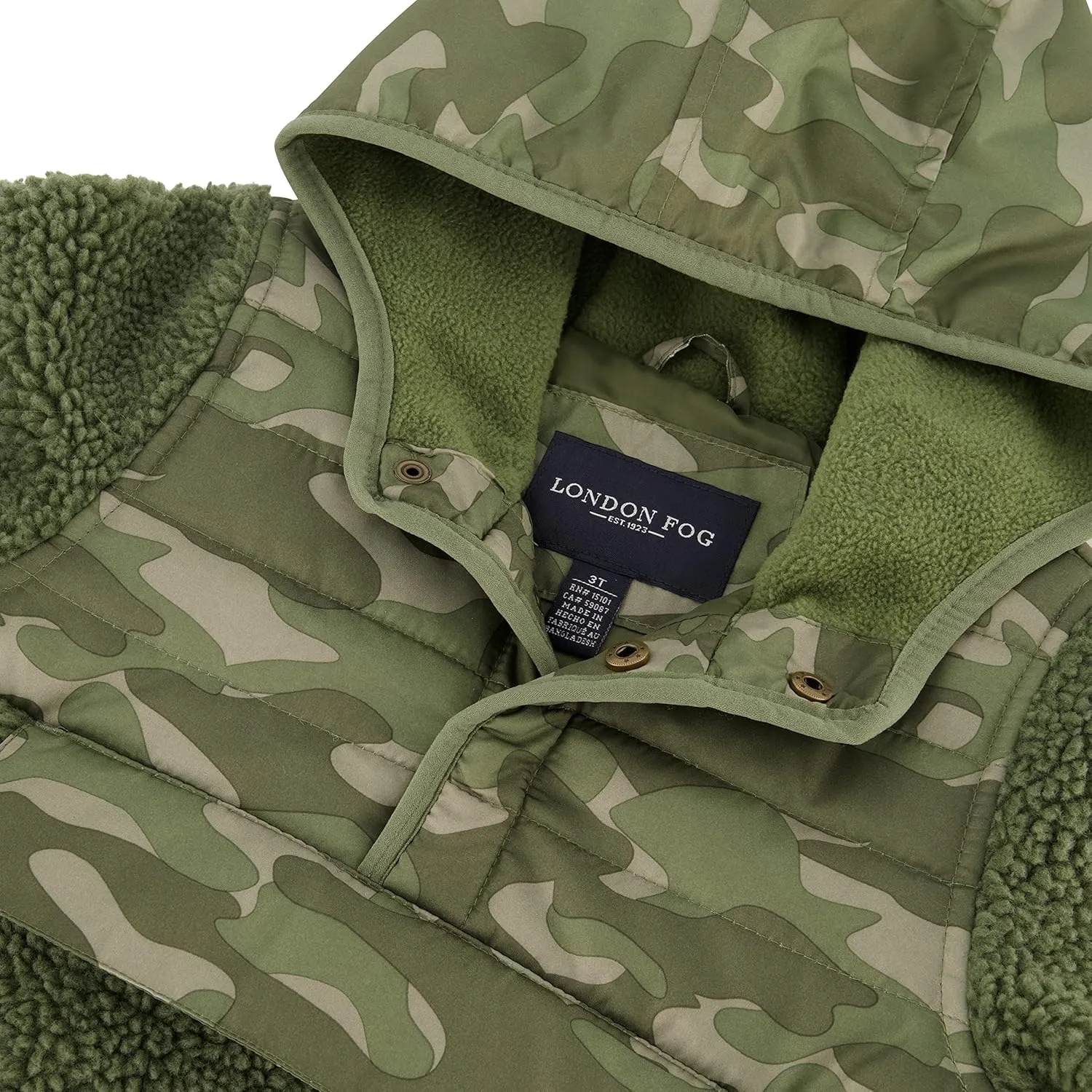 LONDON FOG Boys Hooded Pull on Toddler Midweight Coat, Soft Fleece and Puffer Jacket