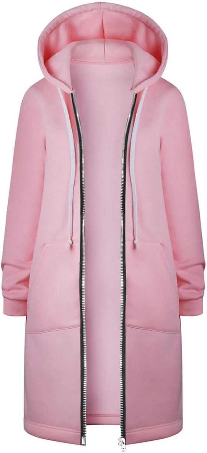 Long Jacket for Women Long Sleeve V Neck Full Zip Up Plain Trench Hooded Coat with Pocket Knee Length with Hood Outerwear