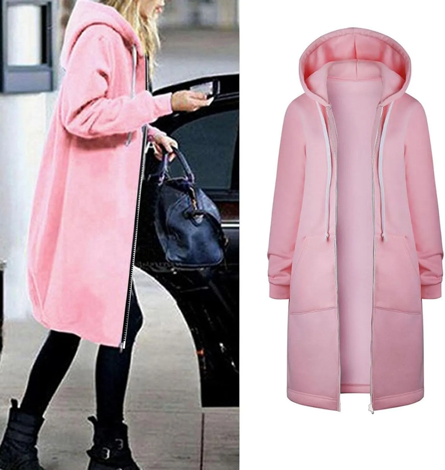 Long Jacket for Women Long Sleeve V Neck Full Zip Up Plain Trench Hooded Coat with Pocket Knee Length with Hood Outerwear