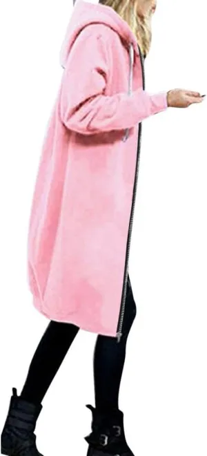 Long Jacket for Women Long Sleeve V Neck Full Zip Up Plain Trench Hooded Coat with Pocket Knee Length with Hood Outerwear