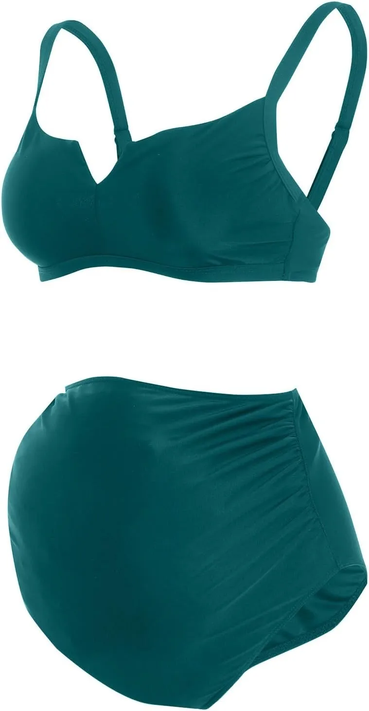 Maternity Swimsuit for Women Two Piece Bikini Set Bandeau Top Low Rise Bottom Bathing Suits Trendy Pregnancy Swimwear