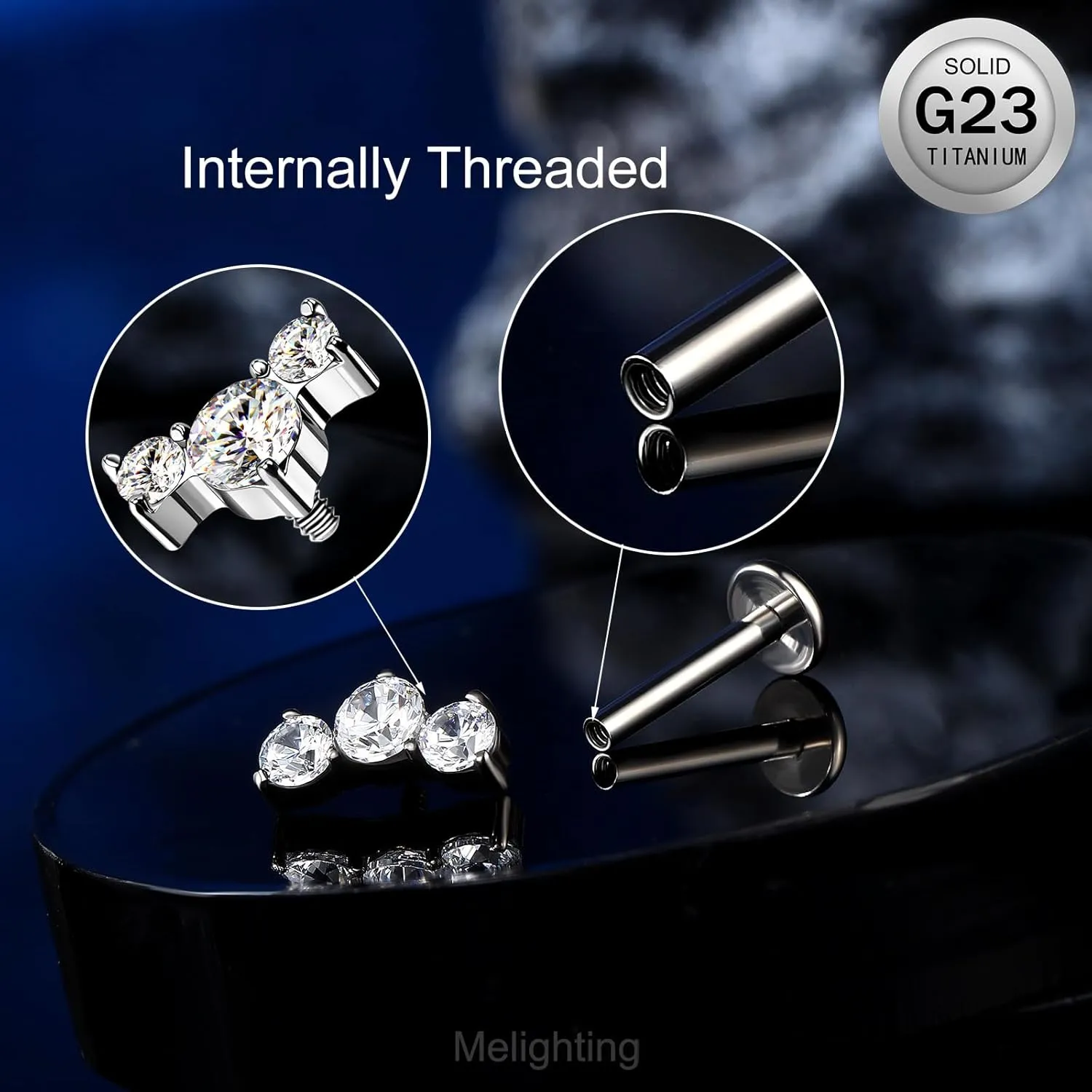 Melighting Titanium Conch Piercing Jewelry Internally Threaded 16G Cured Cartilage Earring Clear CZ Titanium G23 Helix Piercing Jewelry 8mm Labret Jewelry for Wome