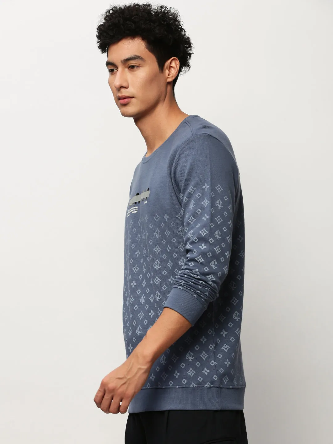 Men Blue Conversational Printed Round Neck Cotton Pullover