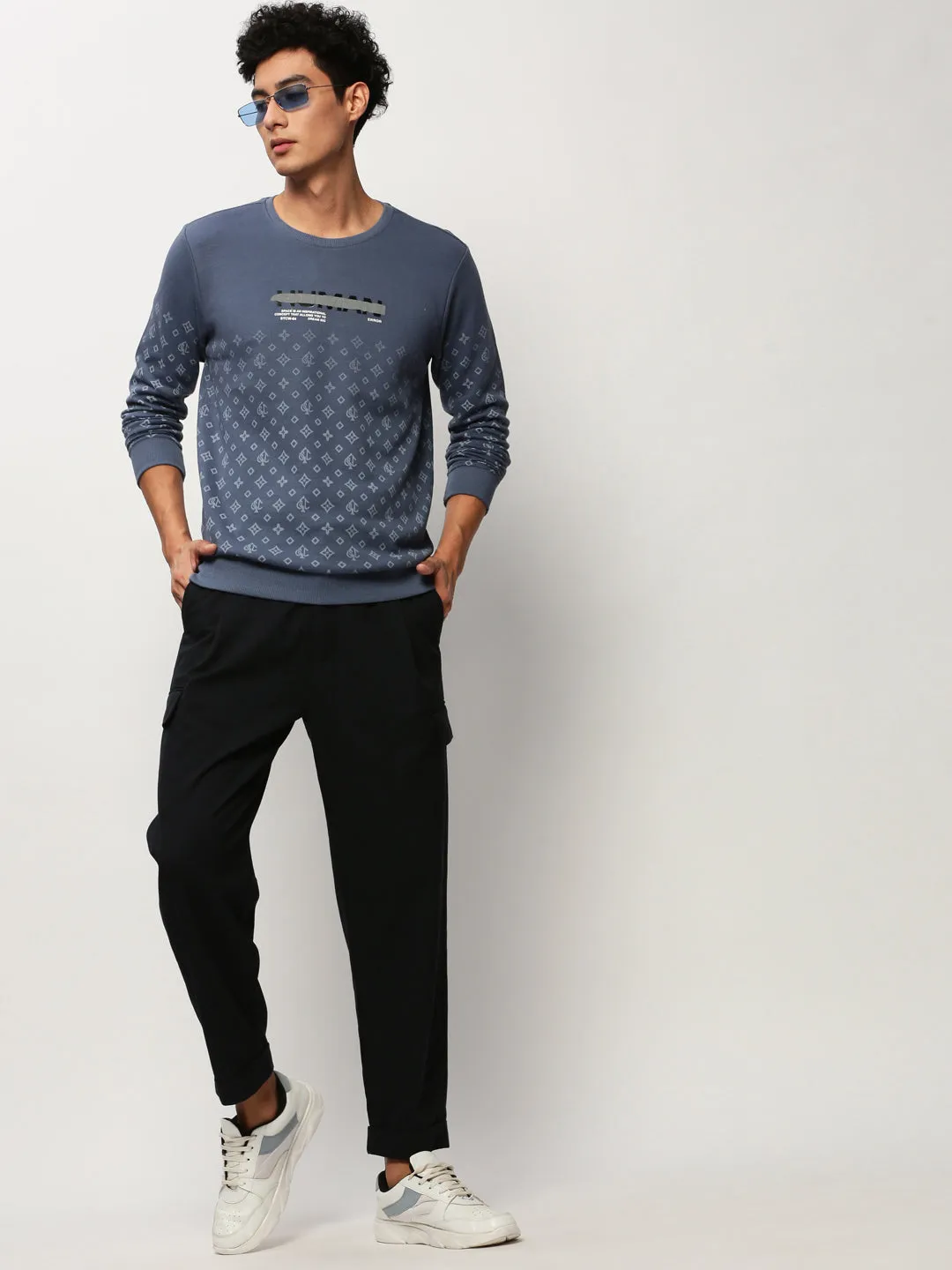 Men Blue Conversational Printed Round Neck Cotton Pullover