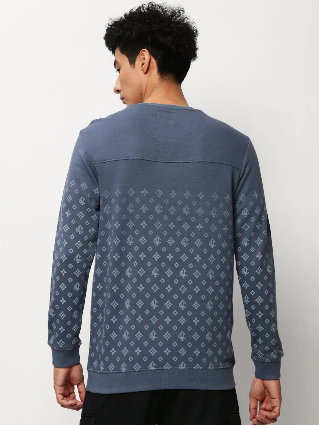 Men Blue Conversational Printed Round Neck Cotton Pullover