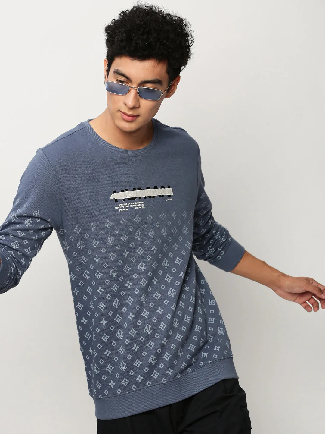 Men Blue Conversational Printed Round Neck Cotton Pullover