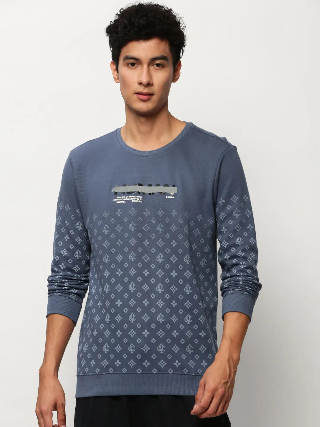 Men Blue Conversational Printed Round Neck Cotton Pullover