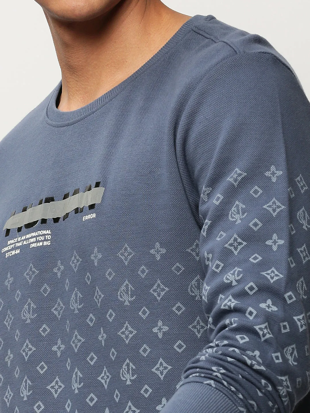 Men Blue Conversational Printed Round Neck Cotton Pullover