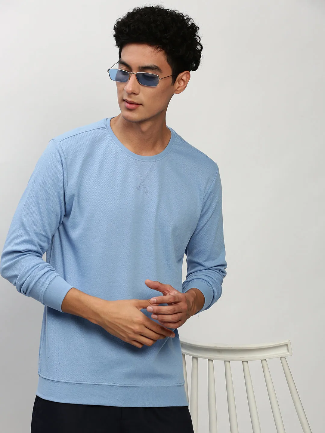 Men Blue Long Sleeves Cotton Pullover